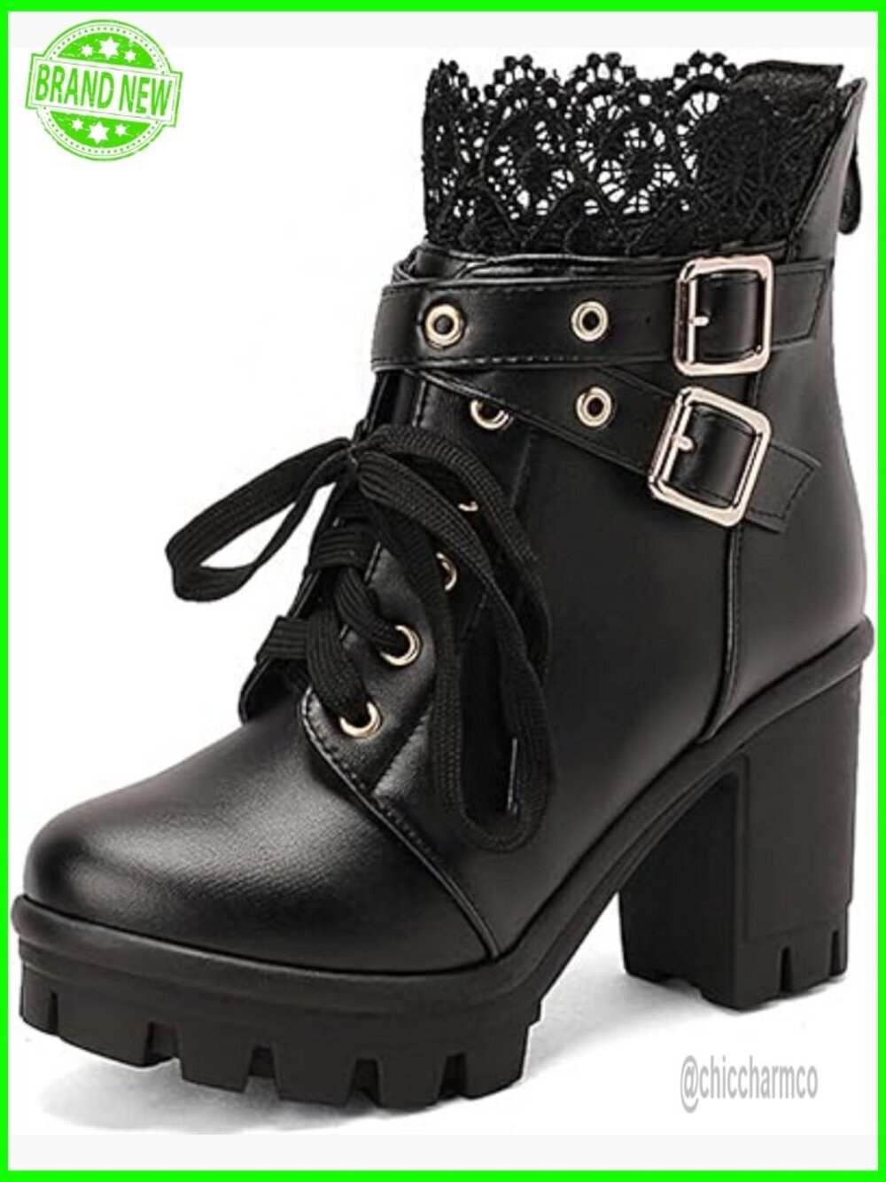 Punk Platform Combat Boots Chunky Heel Ankle Booties with Zipper Lace Up